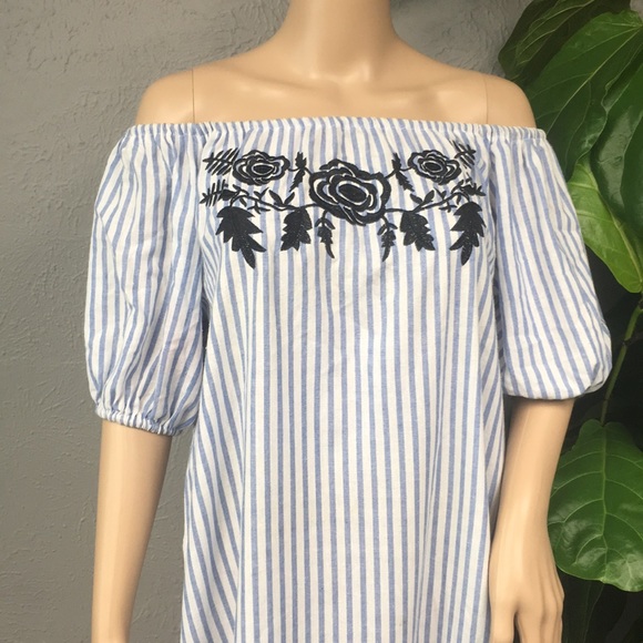 Vintage Blue & White Striped Embroidered Dress - Picture 2 of 11
